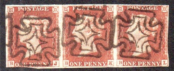 QV 1841 1d red-brown strip (BJ-BL) plate 24 with DUBLIN maltese crosses