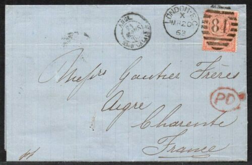 QV sg80 4d pale red (C-B) on 1863 entire to Aigre, Charente, in France