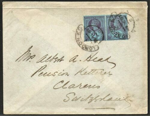 QV sg201 2½d pair on 1887 cover to Switzerland
