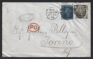 QV 1873 cover to Torino Italy with sg47 (plate 14) & sg125