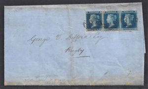QV 3x sg23 2d blues (KC-KE) plate 4 on 1855 cover to Rugby