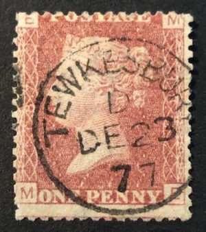 QV sg43 1d red (M-E) plate 187 with fine 1877 Tewkesbury cds