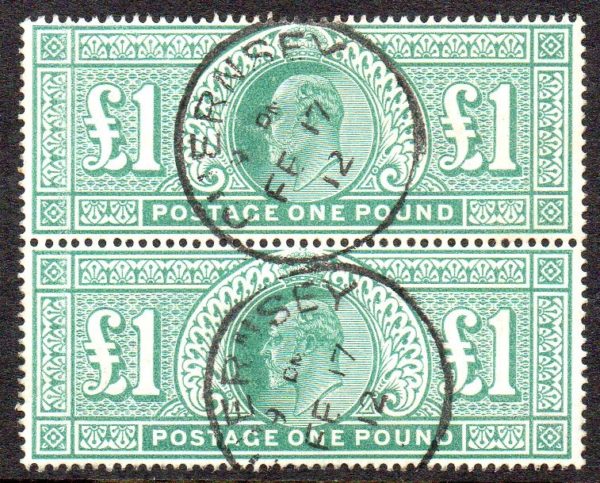 KEVII sg266 £1 dull blue-green pair – superb used with 1912 Guernsey cds