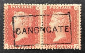 QV sg24 1d red-brown pair (BE-BF) plate 9 with superb Canongate postmark