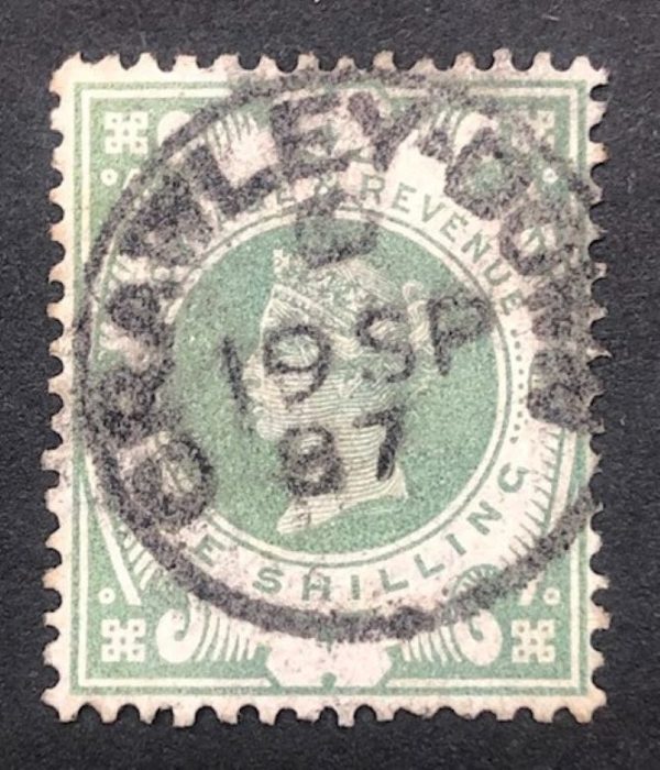 QV sg211 1s dull green with fine 1887 Crawley Down cds