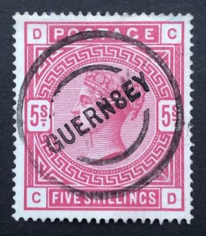 QV sg180 5/- rose (C-D) with fine Guernsey cds
